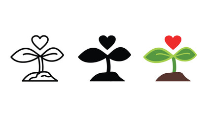 Three cute plant icons with heart shaped leaves on white background