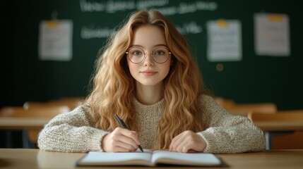 Student in classroom writes in notebook with pen at desk in front of blackboard