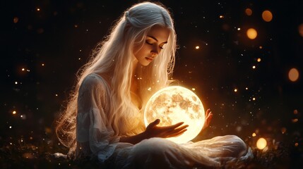 Ethereal beauty holding glowing moon, bathed in soft light, captivating celestial atmosphere