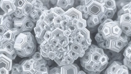 High-contrast close-up of numerous gray geometric honeycomb shapes with hexagonal patterns and holes on a white background.