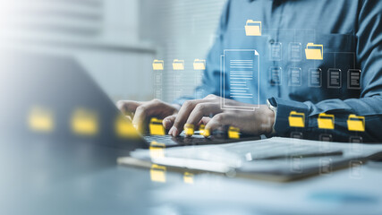 Data export and privacy request concept showing document files and folders being downloaded from an account system, representing personal data access, archive creation, and secure management.