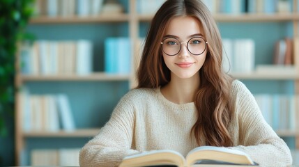 Smiling Brunette Woman Wearing Glasses Studying a Book at Home