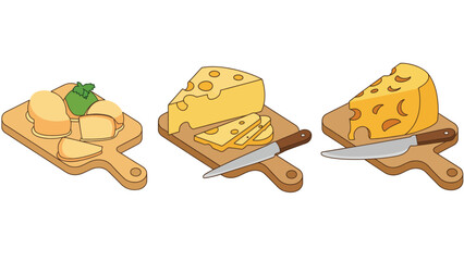 A set of cartoon cheese blocks and slices on wooden cutting boards