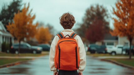 Back to School Child with Orange Backpack Walking on Wet Street in Autumnal Suburb