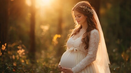 Ethereal Maternity A Radiant Pregnant Woman in White Gown Bathed in Golden Sunlight