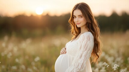 Radiant Mother to Be Serene Maternity Portrait at Sunset in a Meadow of Wildflowers