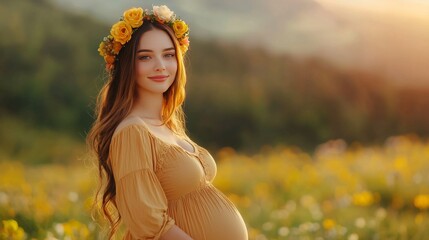 Radiant Expectation Serene Pregnant Woman Adorned with Floral Crown in Golden Field