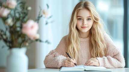 Blond Girl Writes in Notebook at Home Beauty, Youth, Creativity, and Thoughtfulness