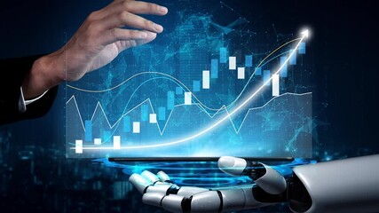 A robotic hand interacts with financial graphs and data in a digital space, showcasing the integration of artificial intelligence in data analysis and market insights. Copula - Powered by Adobe