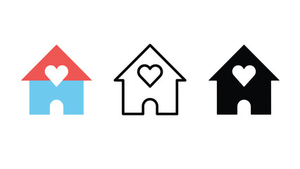 Three house icons with heart symbols on a white background