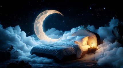 Dreamy Bed on Clouds Under a Magical Crescent Moonlit Sky