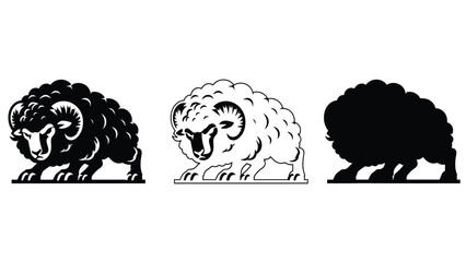 Three black and white ram silhouettes on a plain background