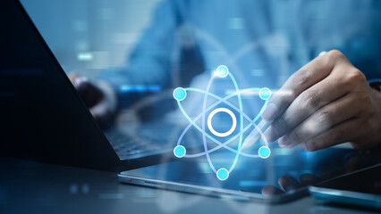 Quantum computing and artificial intelligence concept showing advanced data processing and connected digital systems, representing future technology, innovation, scientific research.