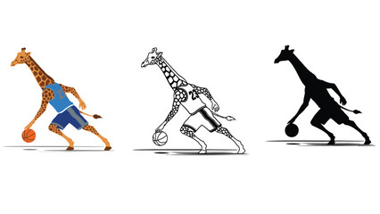 A giraffe in different styles playing basketball with a ball