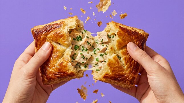 Hands tearing flaky chicken puff pastry revealing creamy filling