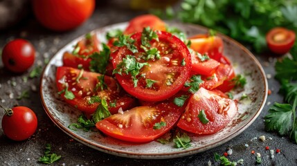 Plate of tomatoes with parsley and other herbs. The plate is on a table. The tomatoes are cut into slices and arranged on the plate