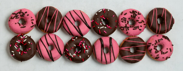 Horizontal Banner of Two Rows of Pink and Chocolate Frosted Donuts