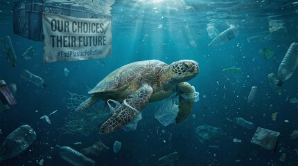 Fototapeta premium Sea Turtle Trapped in Ocean Plastic Pollution