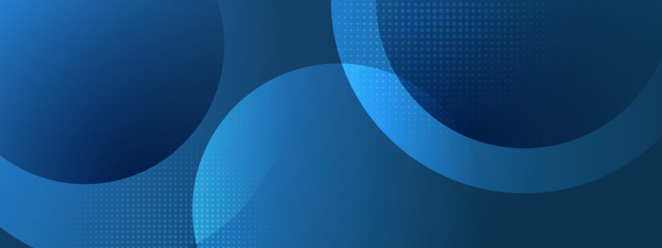 Minimalist dark blue background featuring overlapping translucent circles and halftone patterns