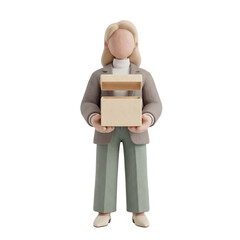 3D Clay Faceless Female Mascot Offering Open Blank Box New Drop Promo, Isolated PNG