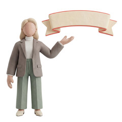 3D Clay Faceless Female Mascot Presenting Blank Ribbon Banner Label, Isolated PNG