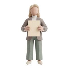 3D Clay Faceless Female Mascot Holding Blank Paper Sheet Label Printing Prep, Transparent PNG