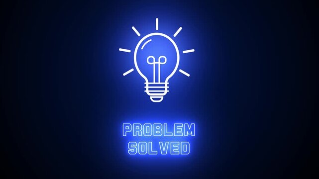 Problem solved text with blue neon light bulb icon on black background, representing successful fixing, resolution and efficient task completion