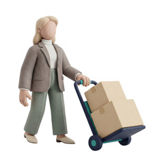 3D Clay Faceless Female Mascot Pulling Rolling Cart with Two Shipping Boxes, PNG