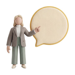 3D Clay Faceless Female Mascot Pointing at Blank Message Bubble DM Us, Copy Space, PNG