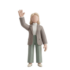 3D Clay Faceless Female Mascot Waving Friendly Thank You, Transparent PNG