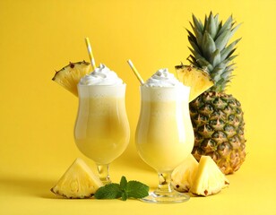 Refreshing Pineapple Smoothies with Whipped Cream & Fruit Slices on Bright Yellow Background