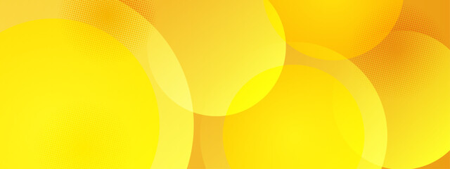 Bright yellow and orange background with overlapping circles and halftone dot textures