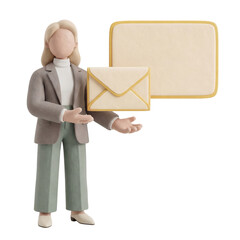 3D Clay Faceless Female Mascot Presenting Blank Info Card and Envelope Contact, PNG