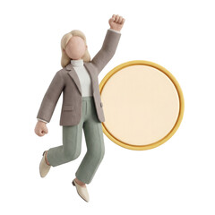 3D Clay Faceless Female Mascot Cheering Milestone with Floating Blank Badge, PNG
