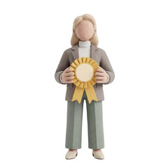 3D Clay Faceless Female Mascot Holding Blank Ribbon Rosette Award, Milestone PNG