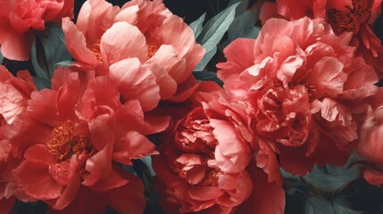 Obraz premium Bright peony flowers bloom in a garden. The flowers show different shades of red and pink among green leaves creating a vibrant display in a summer setting.