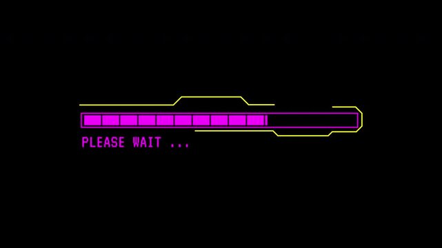 Cyberpunk loading bar in a futuristic neon design says please wait. Great for technology websites, apps, and videos needing loading animation.