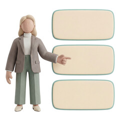 3D Clay Faceless Female Mascot Pointing at Three Blank Step Tiles Vertical List, How To PNG