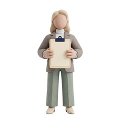 3D Clay Faceless Female Mascot Holding Blank Returns Policy Clipboard, Copy Space PNG