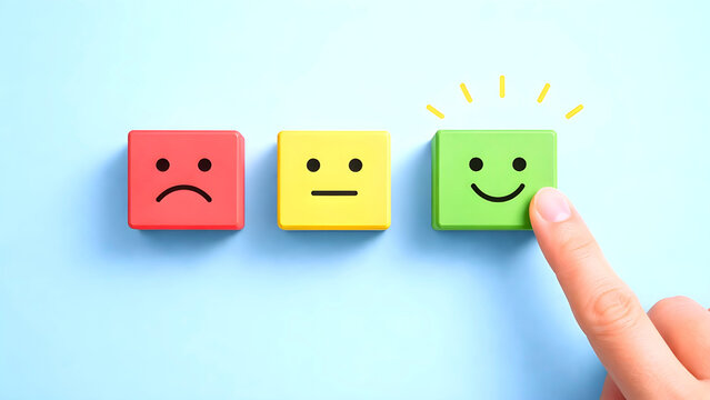 A customer satisfaction concept illustrated by choosing a happy face block as a symbol of positive feedback.