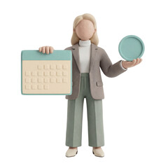 3D Clay Faceless Female Mascot Blank Calendar with Blank Clock Shipping Time Info, PNG