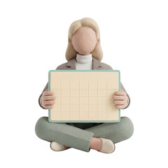 3D Clay Faceless Female Mascot Sitting With Blank Calendar Shipping Update Post, PNG