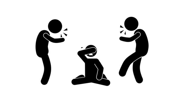 Bullying animation, antisocial behavior. Animated icon of three people. Pointing finger, moving head. Harassment, bullying. Transparent background.