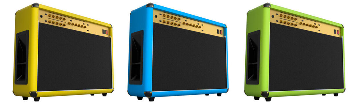 Set of classical electric and acoustic guitar amplifier isolated on white background.