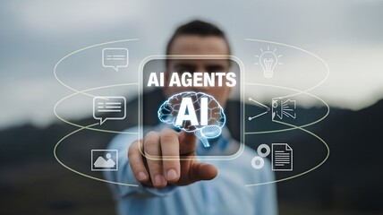 Man interacting with ai agents interface for smart solutions and digital communication