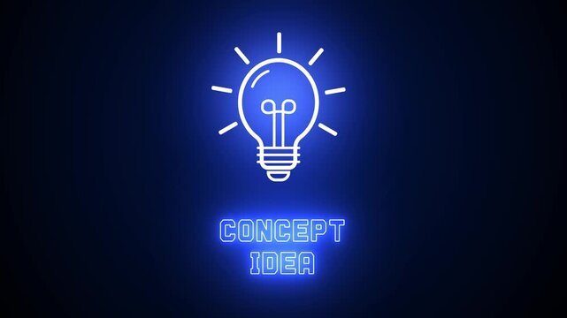 Concept idea text with blue glowing neon light bulb icon on black background, representing product development, creative branding and prototyping visions