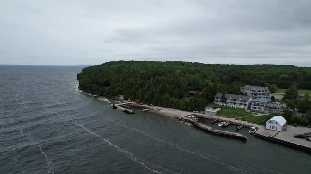 Aerial Drone view of Gill's Rock in Door County Wisconsin.  Harbor and bluff shot.