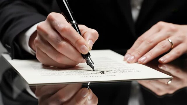 Closeup of a person signing a document with a fountain pen approximately
