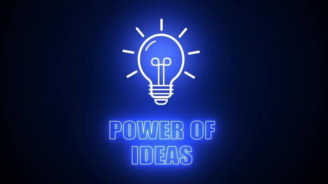 Power of ideas text with blue neon light bulb icon on black background, representing impactful innovation, strong concepts and revolutionary thoughts