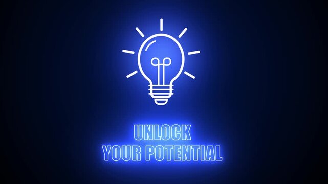 Unlock your potential text with blue glowing neon light bulb icon on dark background, representing self improvement, career growth and hidden talent